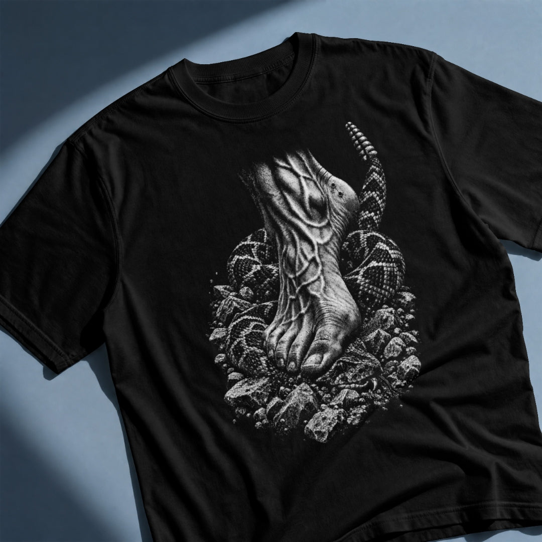 Black Head Crusher graphic T-shirt featuring a hoof crushing a rattlesnake